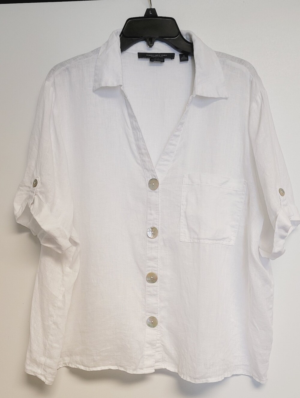 Marc New York White Linen  Button-Down Short Roll Tab Sleeve  Camp Shirt XL